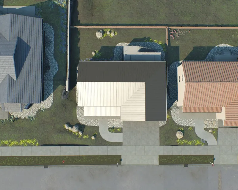 Aerial view of a home showing the noncombustible zone perimeter from above