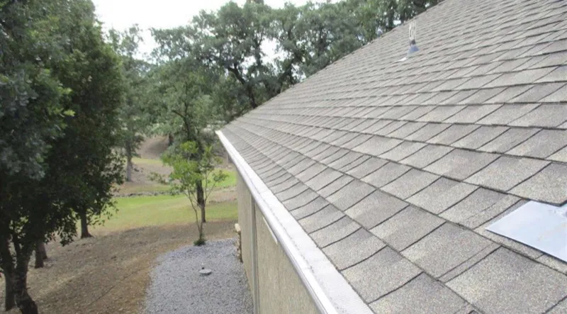 Clean asphalt shingle roof with metal gutters
