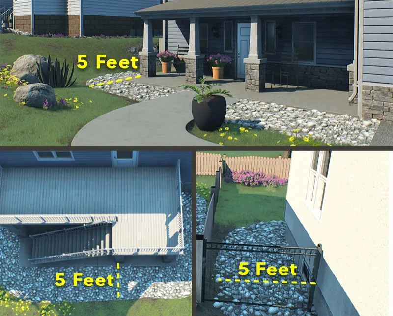 Annotated photos showing the 5-foot noncombustible zone measured from home exterior walls, with labels indicating the 5-foot perimeter